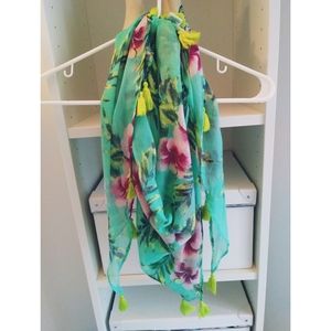 Floral Teal Scarf with Pink and Yellow Accents
